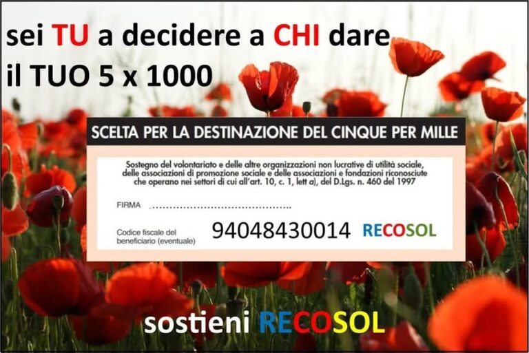 Dona il tuo 5×1000 alla solidarietà. Sostieni le attività di Recosol